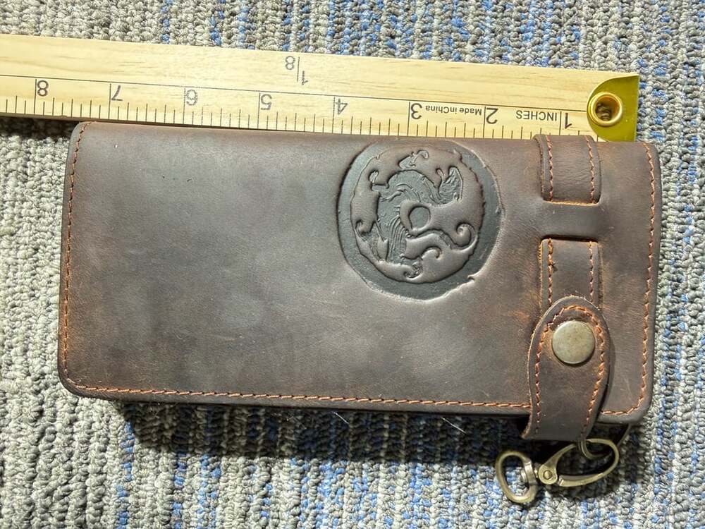 Vintage Tooled Leather Bifold Long Wallet Brown Dragon